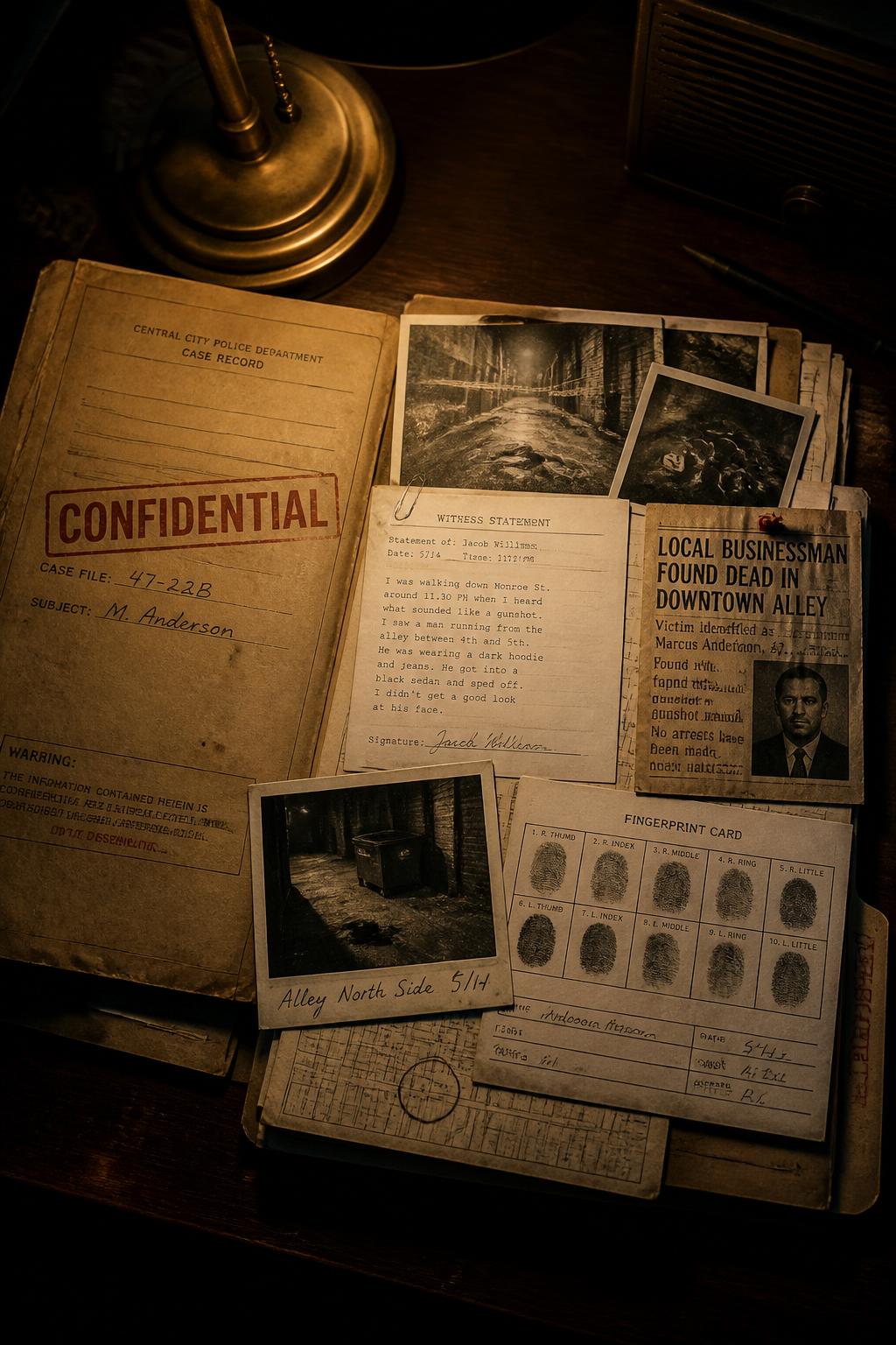 Vintage case file with photos, witness statements and a fingerprint card.