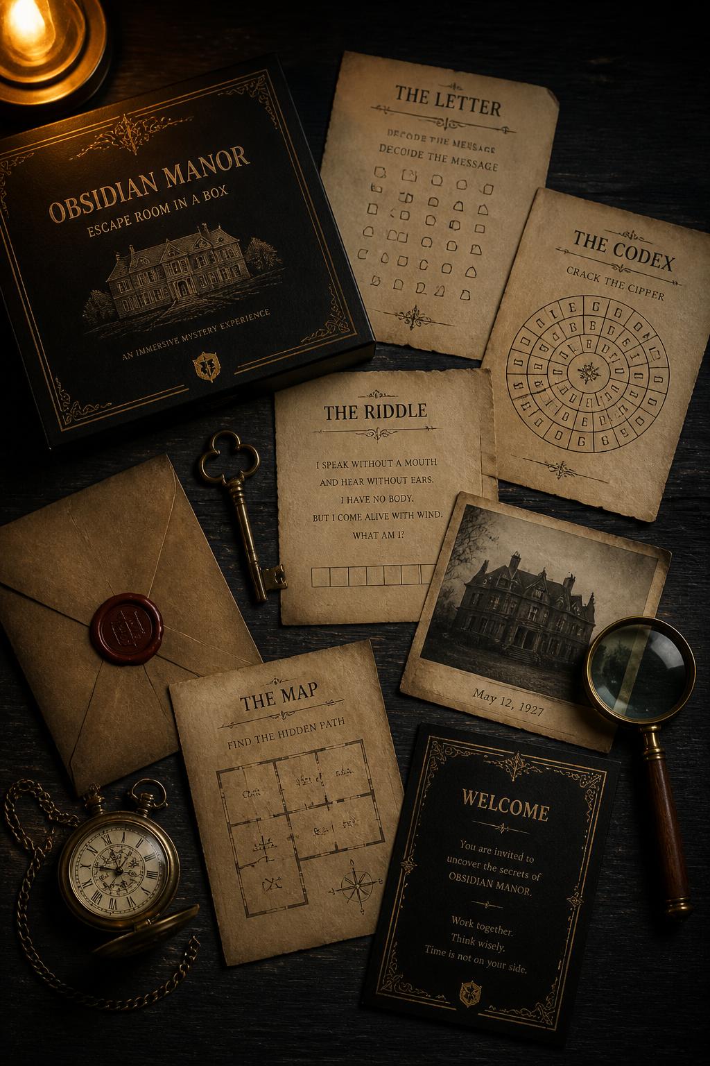 Open envelope, brass key and a hand-drawn cipher on dark wood.