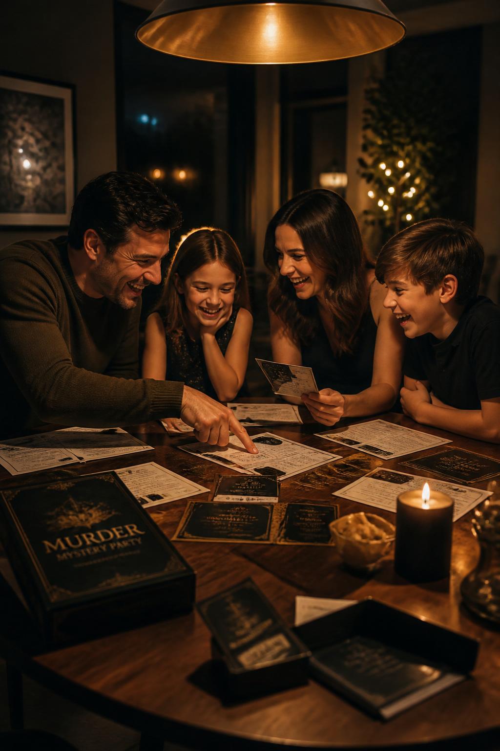 Family playing a printable mystery game by lamplight.